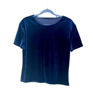 Women's Vintage 90s Blue Stretch Velvet Short Sleeve T-Shirt Top, Size M
